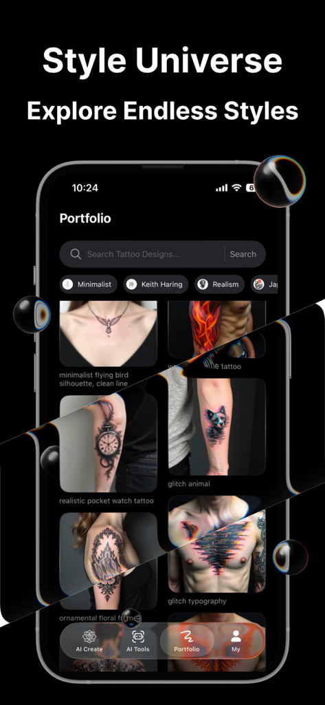 AI Tattoo-Ink Design Generator - Una interfaz de aplicación móvil que muestra un portafolio de varios estilos de tatuajes generados por IA como realismo minimalista y arte glitch en partes del cuerpo