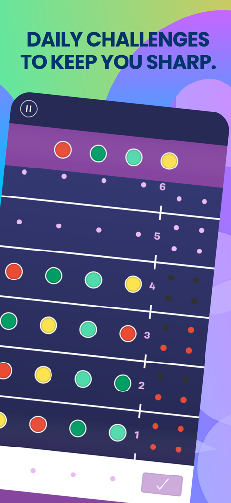 A logic puzzle game interface in the Memorado app with colorful circles and the text Daily challenges to keep you sharp.