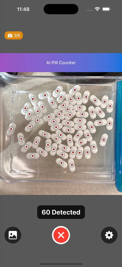 AI Pill Counter app interface showing sixty white pills with red dots for visual verification