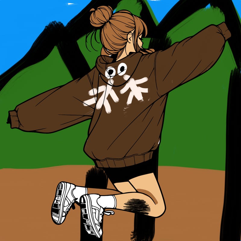 realistic girl jumping with a bun and oversized sweatshirt