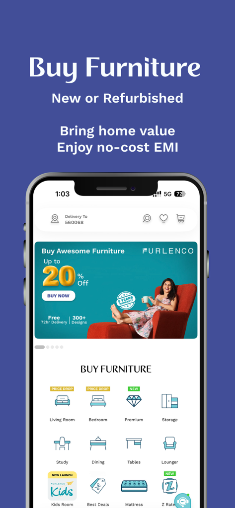 Furlenco mobile app interface for buying new or refurbished furniture with no-cost EMI options