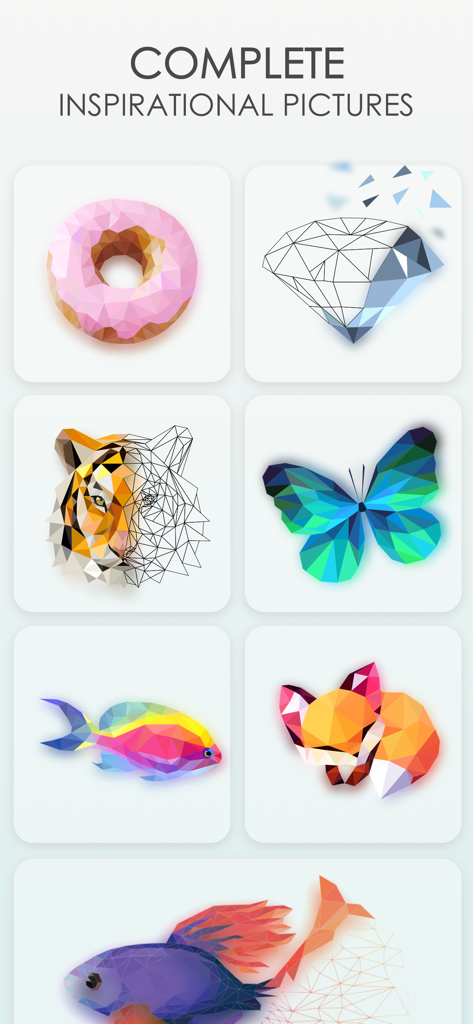 Poly Art Jigsaw 3D Puzzle Game - A gallery of completed low poly jigsaw puzzles including a tiger butterfly and fox