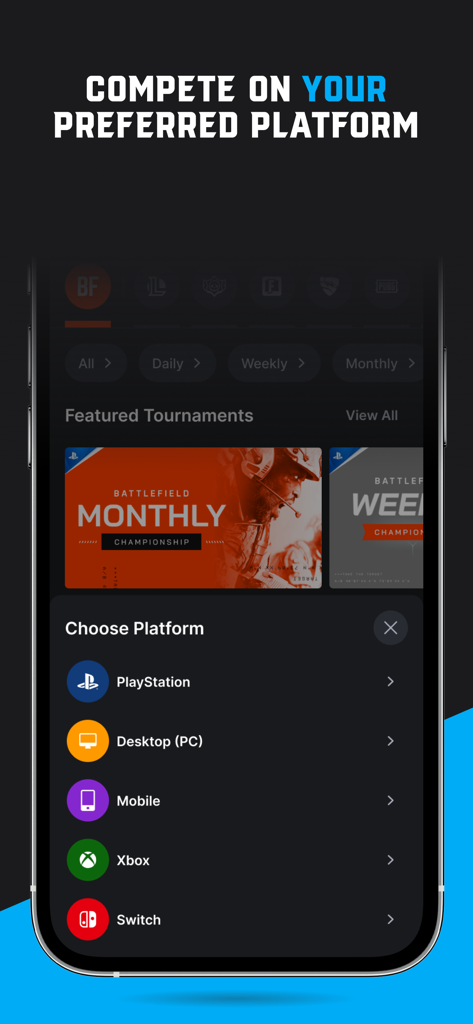 Interface of the Repeat.gg app allowing users to choose their gaming platform from options like PlayStation, PC, Mobile, Xbox, and Switch.