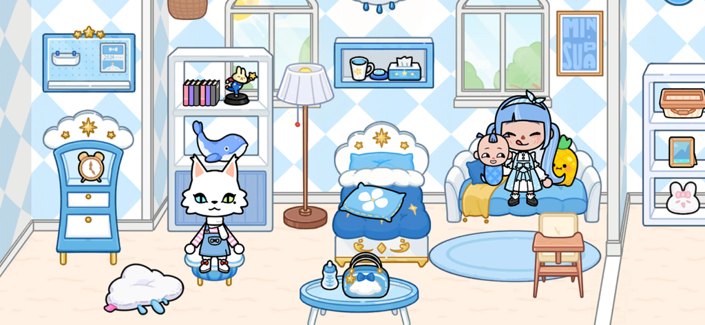 Mia World - A blue themed digital dollhouse bedroom in Mia World featuring characters and interactive furniture