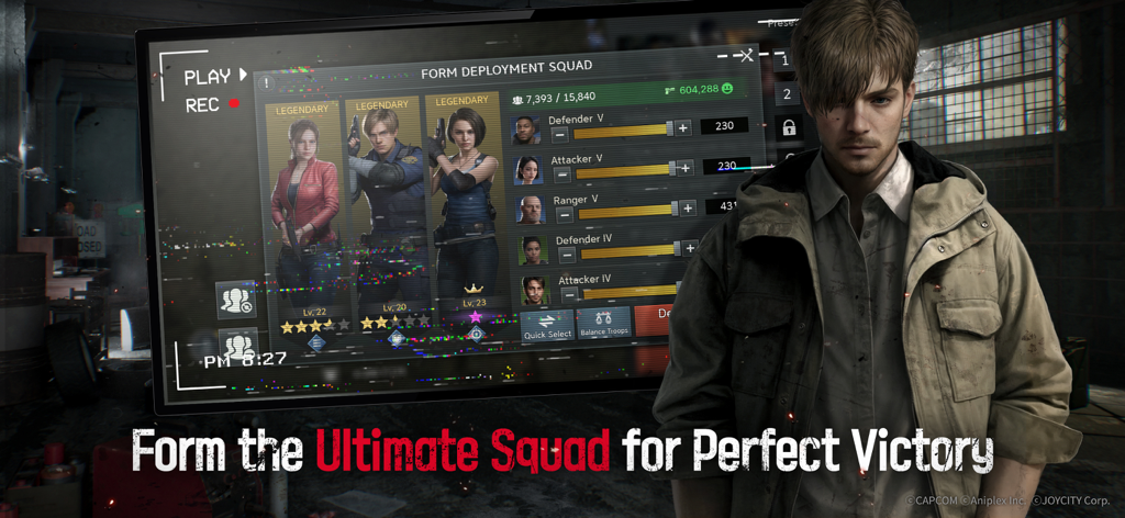 バイオハザード サバイバルユニットの部隊配置画面。レオン・ケネディ、クレア・レッドフィールド、ジル・バレンタインが登場。