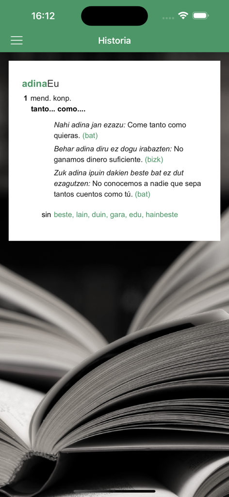 Labayru Hiztegia - Captura de pantalla de la aplicación Labayru Hiztegia que muestra la definición de un diccionario vasco con ejemplos de dialectos.