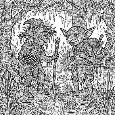 Unleash your creativity with this intricate Zentangle coloring page featuring two charming swamp goblins. Explore a mystical marshland teeming with detailed patterns and whimsical fantasy.