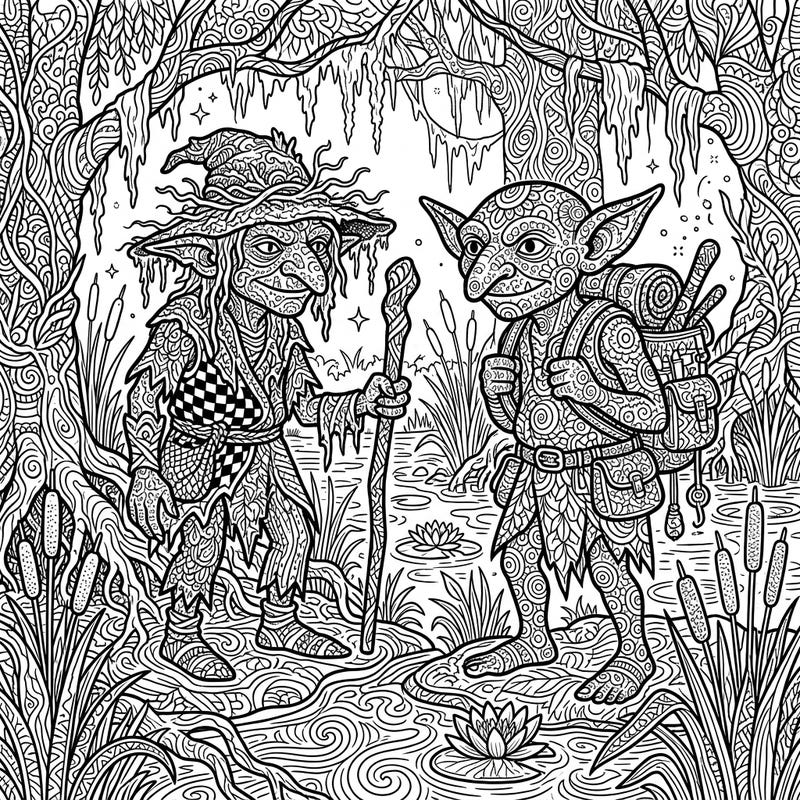 Unleash your creativity with this intricate Zentangle coloring page featuring two charming swamp goblins. Explore a mystical marshland teeming with detailed patterns and whimsical fantasy.