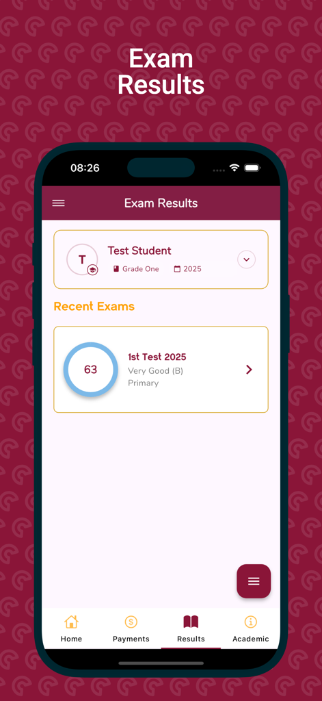 Una captura de pantalla de la aplicación Moga Schools que muestra los resultados de los exámenes de primaria y la información de calificaciones de un estudiante en un iPhone.