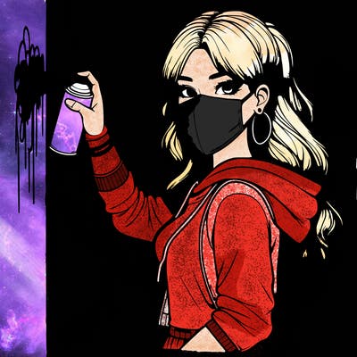 realistic girl with mask spray painting a wall