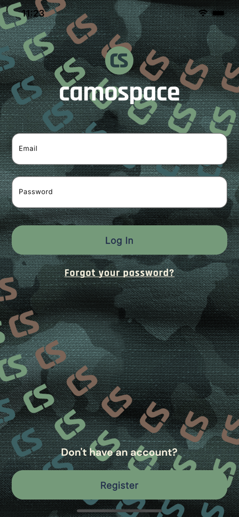 CamoSpace - Login and registration interface for the CamoSpace outdoor social media app