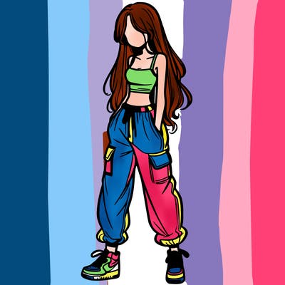 girl in baggy pants crop top and long hair