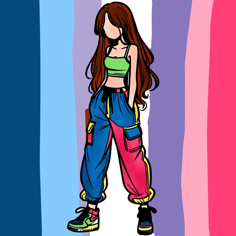 girl in baggy pants crop top and long hair