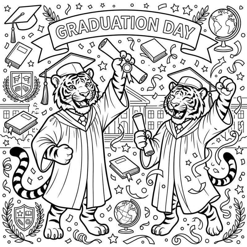 Join two proud tiger graduates as they celebrate their big day, caps and diplomas held high. This vibrant coloring page is perfect for teens looking to unleash their creativity on a scene of academic achievement.