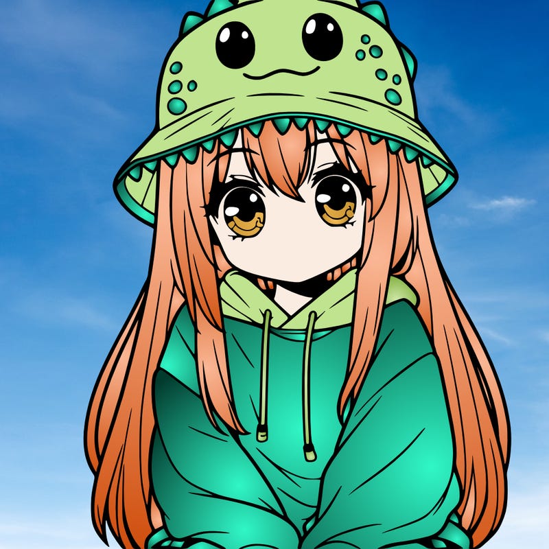 girl with anime shaped eyes with a dinosaur bucket hat oversized sweatshirt long straight hair