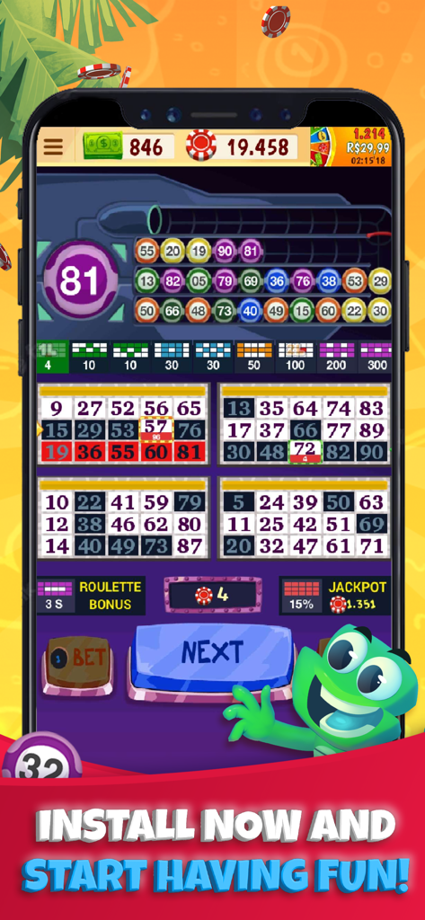 Praia Bingo: Bingo Online - Pantalla de juego de Praia Bingo mostrando múltiples cartones de bingo y un alegre personaje mascota verde