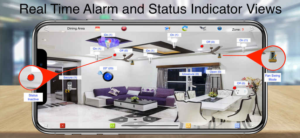 HOS Smart Home BACnet BMS - Vista de indicadores de estado y alarmas en tiempo real en la aplicación HOS Smart Home BACnet BMS