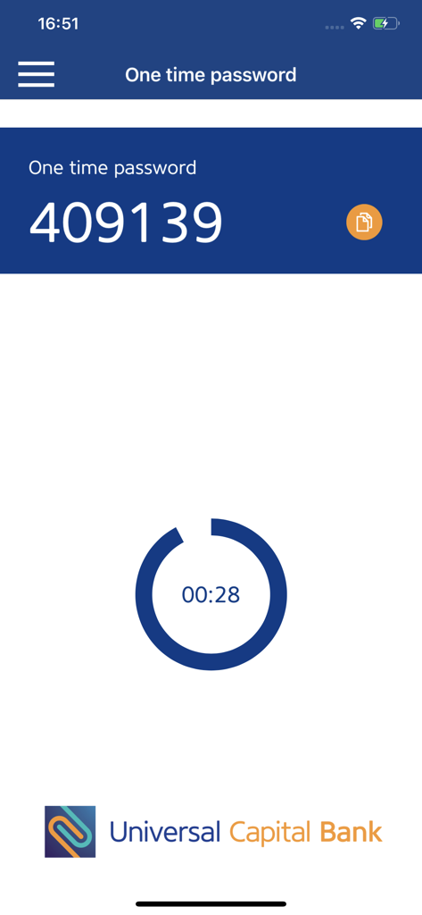 UCB m-Token app interface showing a six digit one time password and a security countdown timer