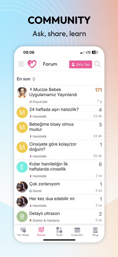 Miracle Mom Pregnancy Tracker - Screenshot of the community forum interface in the Miracle Mom app showing pregnancy discussion topics and user questions