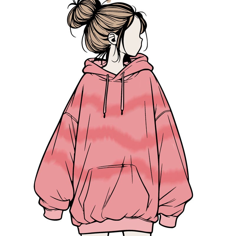 realistic girl with a oversized sweatshirt on and a bun