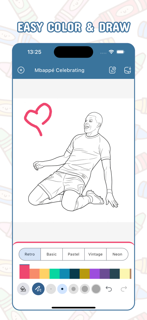 Football Coloring, Draw Soccer - A digital coloring interface showing a line drawing of soccer player Mbappé celebrating with various color palettes and drawing tools below.