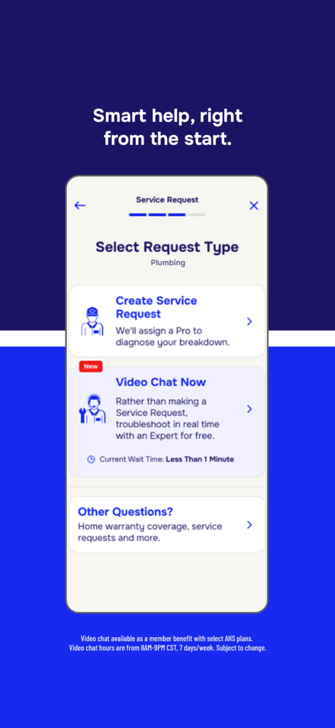 American Home Shield app interface for selecting a service request type with options for live video chat and expert troubleshooting.