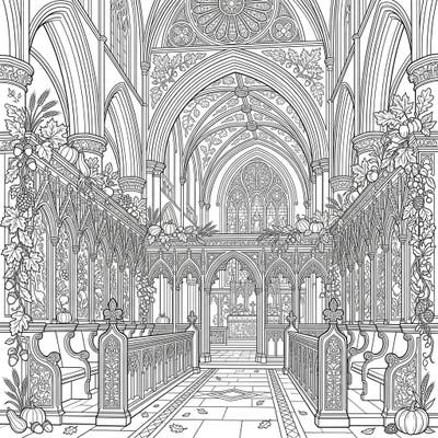 Immerse yourself in the grandeur of a cathedral chancel adorned for autumn with this detailed coloring page. Discover the beauty of intricately carved choir stalls, decorated with pumpkins, fallen leaves, and harvest bounty, ready for your creative touch.
