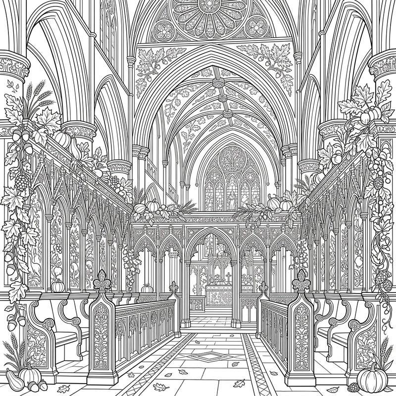 Immerse yourself in the grandeur of a cathedral chancel adorned for autumn with this detailed coloring page. Discover the beauty of intricately carved choir stalls, decorated with pumpkins, fallen leaves, and harvest bounty, ready for your creative touch.