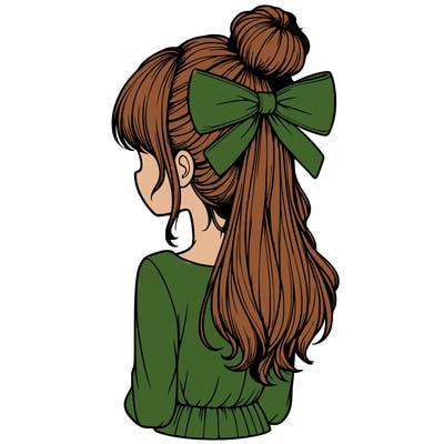 realistic girl  with hip length hair a bun and a big bow on the back of head