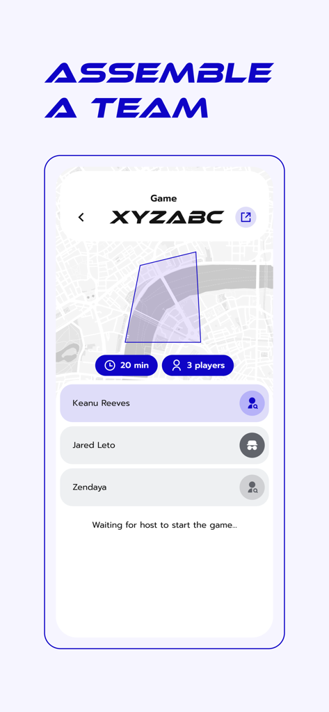 City Chase Game - Pantalla de lobby de City Chase Game mostrando un equipo ensamblado de tres jugadores y un mapa del área de juego