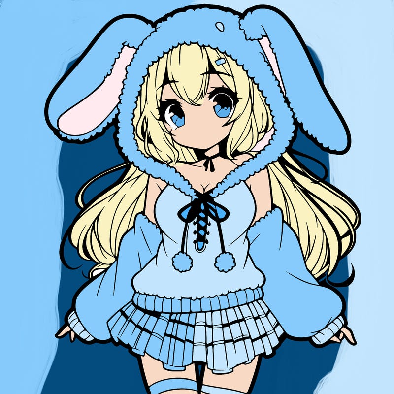 pretty anime girl wearing a fluffy hoodie with bunny ears on the hood and a skirt