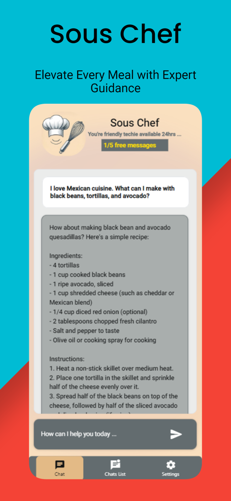 Interface de chat do AI Sous Chef fornecendo uma receita mexicana a partir de ingredientes específicos.