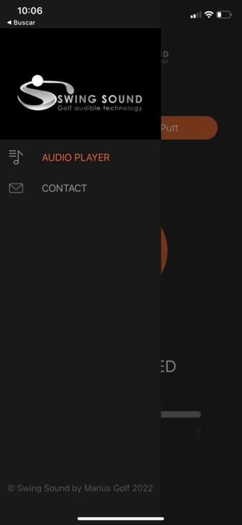 SwingSound Golf - SwingSound Golf app side menu showing options for the audio player and contact information