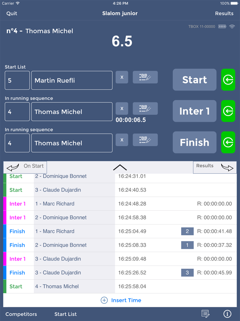 FDS Smart Chrono - Professional sports timing dashboard on iPad showing live race results for a junior slalom event