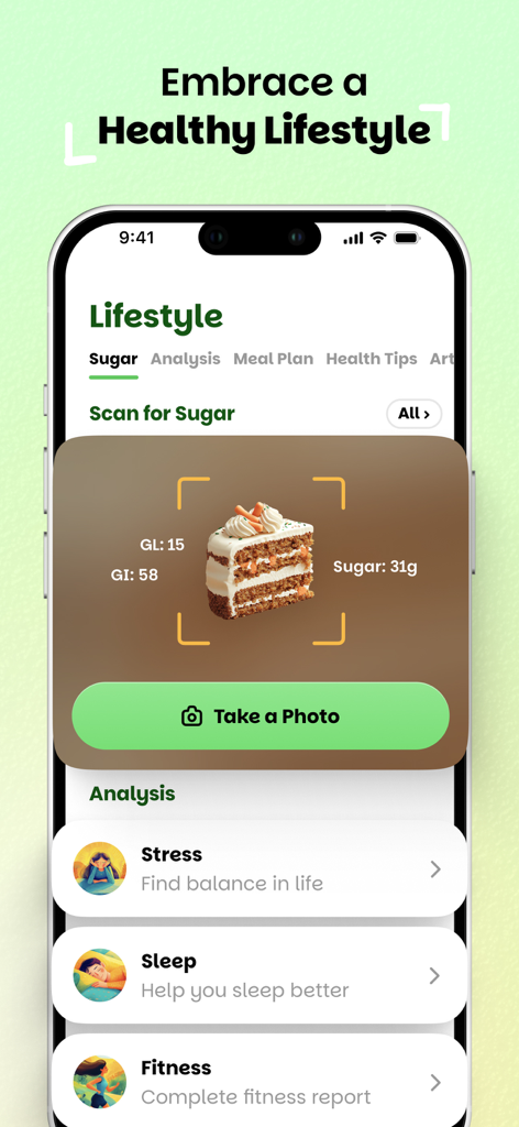 Wellify - Simplify Wellness - Wellifyアプリのシュガースキャナーインターフェース。ケーキ一切れの栄養データを表示。