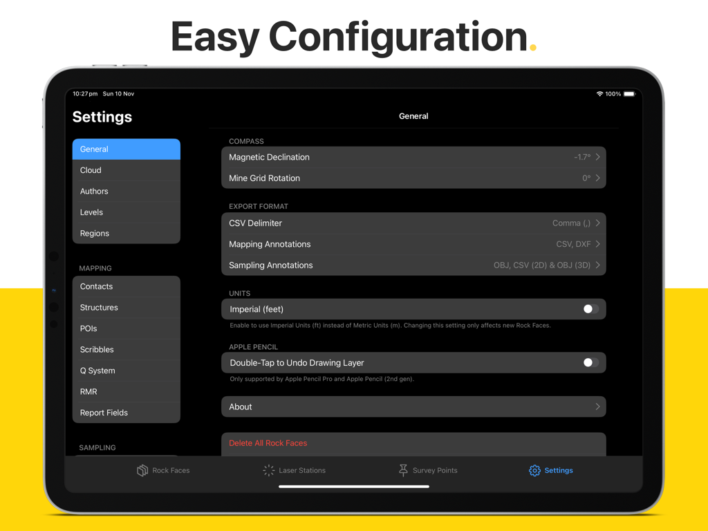 Rock Mapper - General settings and configuration menu of the Rock Mapper iPad app showing options for units, compass, and export formats.