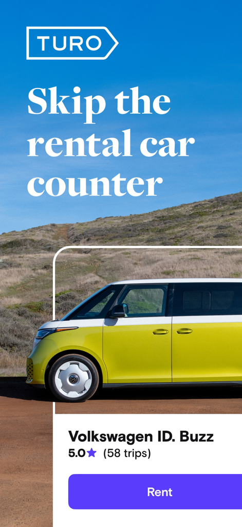 Turo app promotional screen featuring a Volkswagen ID Buzz and the slogan Skip the rental car counter