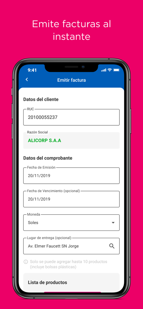 Emprender SUNAT - Interfaz de la aplicación móvil Emprender SUNAT para emitir facturas electrónicas.