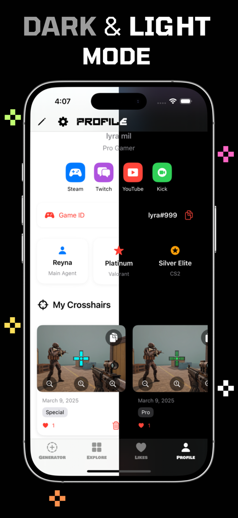 Split screen view of the Custom Crosshair app showing dark and light mode options for a gamer profile