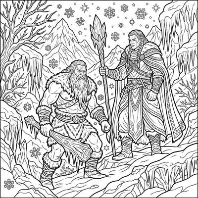 Step into a world of ancient power and icy landscapes with this captivating coloring page featuring two formidable mythological giants. Prepare to bring these epic figures and their frosty domain to life with your most vivid colors and imaginative touches.