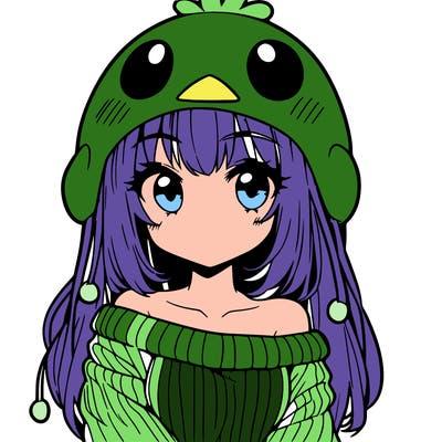 anime girl with chick shaped hat with sweater with bare shoulders with bangs covering them one eye with low tail