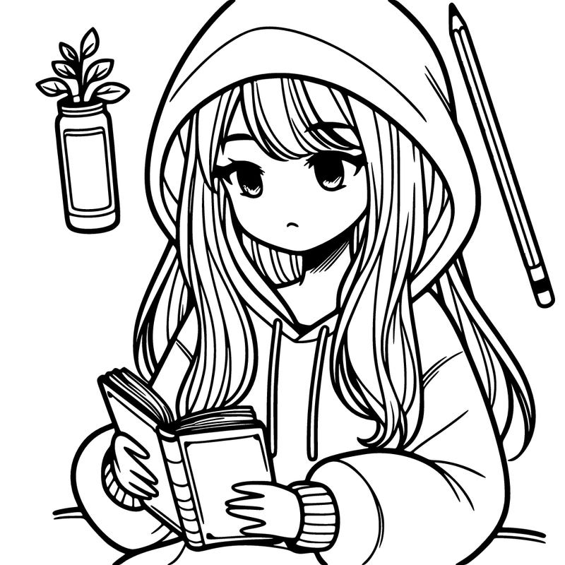 a girl in a hoodie reading a book simple