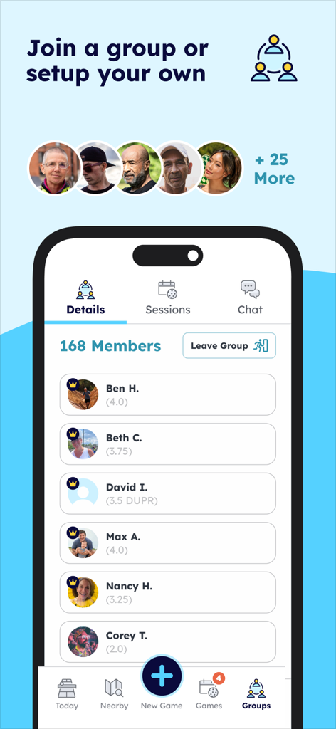 Interfaccia dell'app Pickleheads che mostra un elenco di 168 membri del gruppo con i loro nomi e livelli di abilità nel pickleball