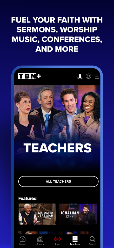 TBN plus app interface showing Christian teachers and sermons for streaming