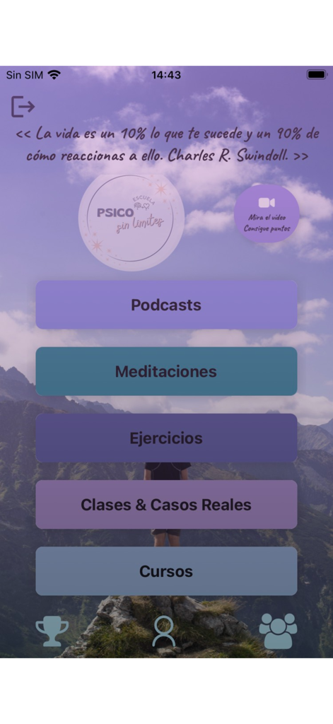 psicosinlimites - Home screen of the psicosinlimites app showing menu options for podcasts, meditations, exercises, and courses.