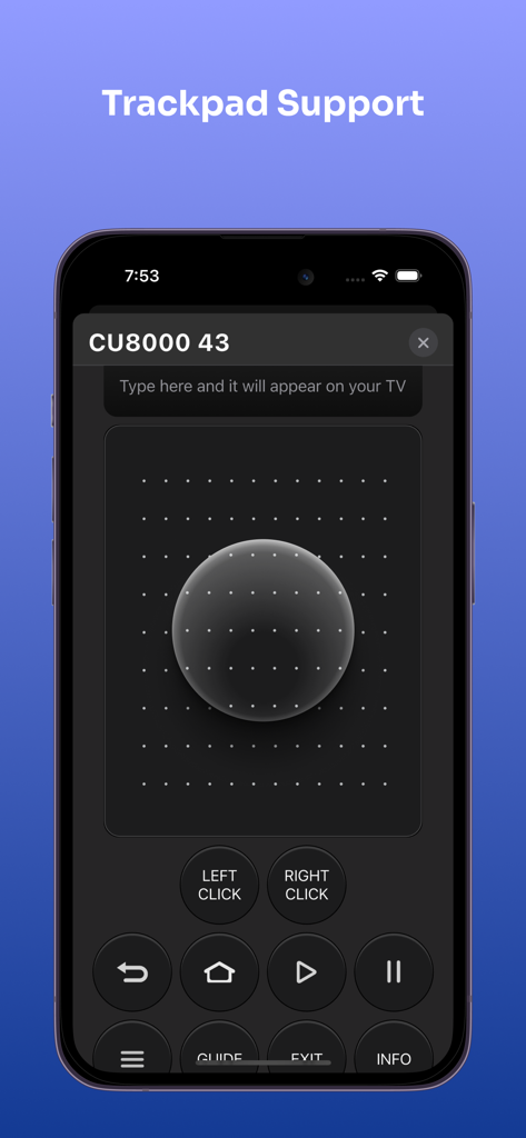 Easy Remote: Remote Control TV - Interfaz de la aplicación Easy Remote mostrando controles de trackpad y teclado para Smart TVs Samsung.