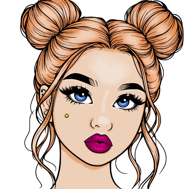 realistic girl with two buns on her hair and lips