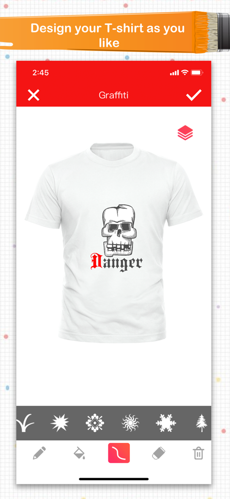 Super T-Shirt Designer - Interface of the Super T-Shirt Designer app showing a white shirt with a skull graphic and Danger text
