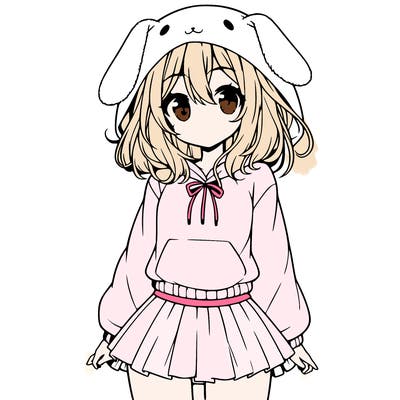 pretty anime girl wearing a fluffy hoodie with bunny ears on the hood and a skirt