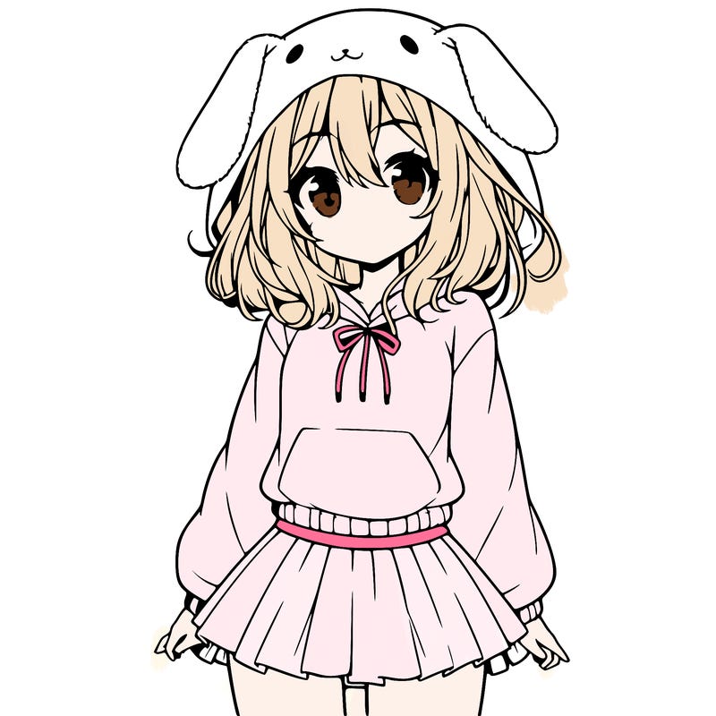 pretty anime girl wearing a fluffy hoodie with bunny ears on the hood and a skirt